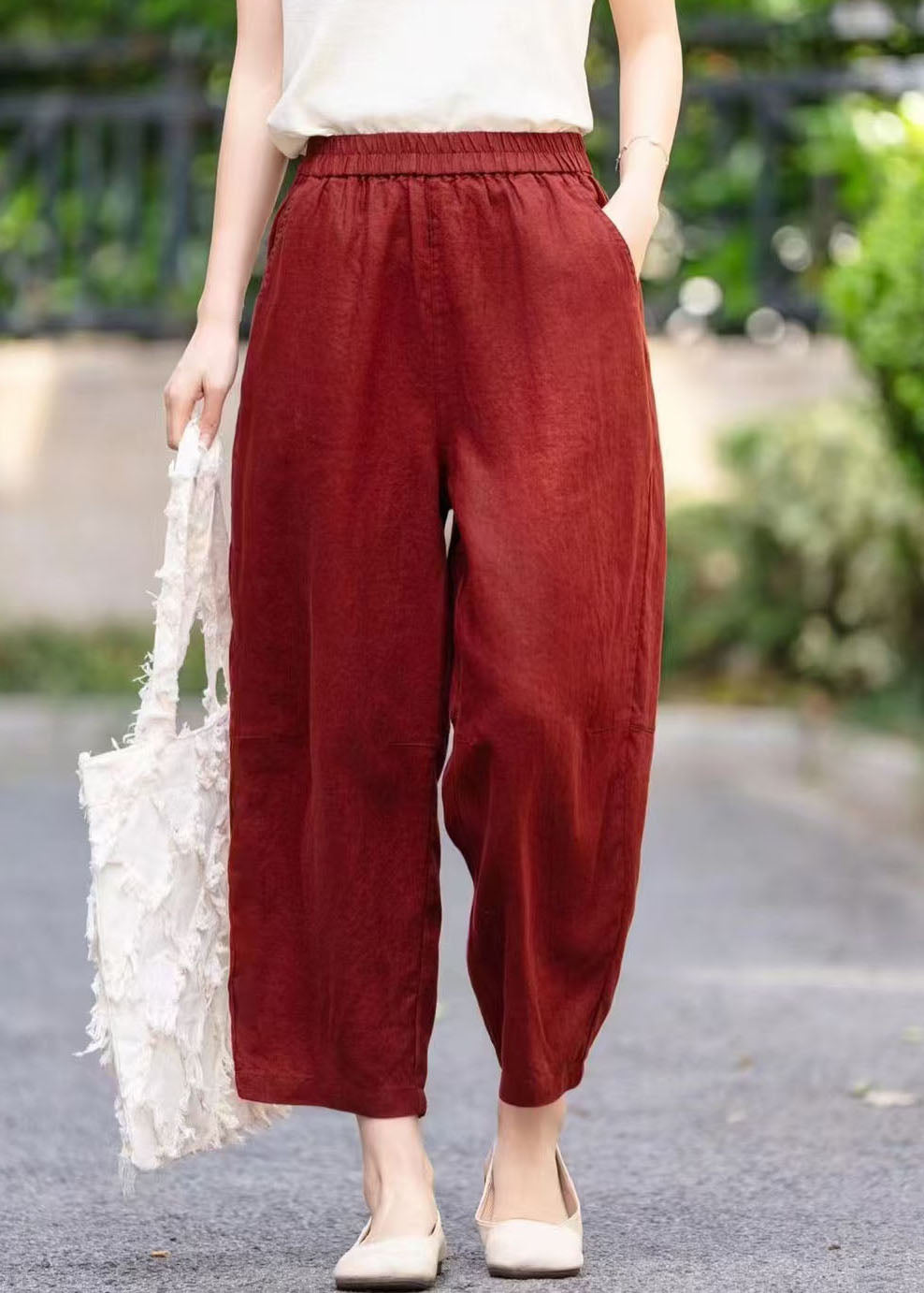 Stylish Mulberry Elastic Waist Pockets Linen Harem Pants Summer