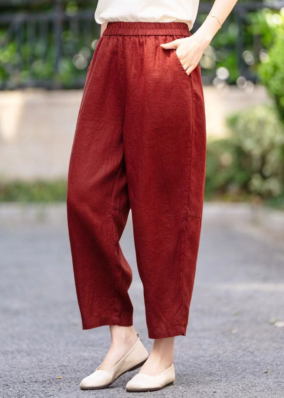 Stylish Mulberry Elastic Waist Pockets Linen Harem Pants Summer
