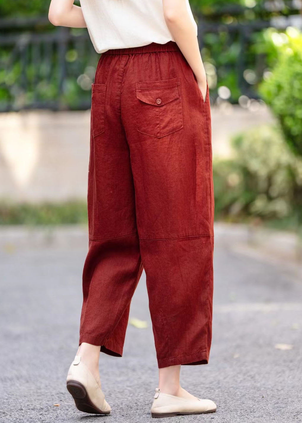 Stylish Mulberry Elastic Waist Pockets Linen Harem Pants Summer