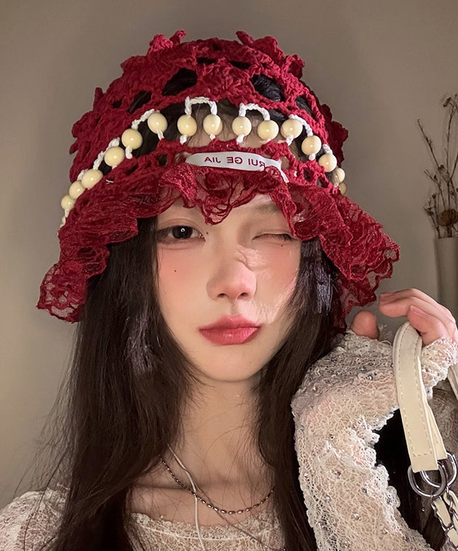 Stylish Mulberry Hollow Out Lace Patchwork Knit Bucket Hat