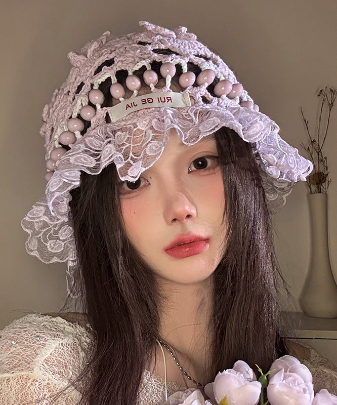 Stylish Mulberry Hollow Out Lace Patchwork Knit Bucket Hat