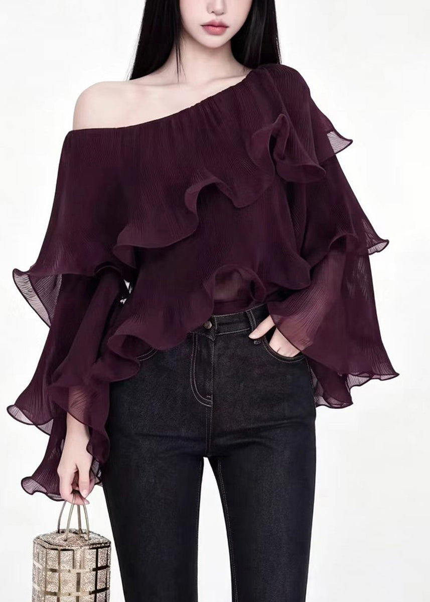 Stylish Mulberry One Shoulder Ruffled Layered Tops Fall