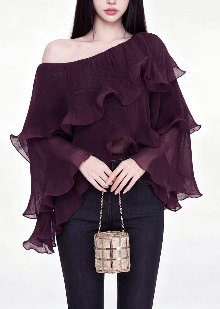 Stylish Mulberry One Shoulder Ruffled Layered Tops Fall