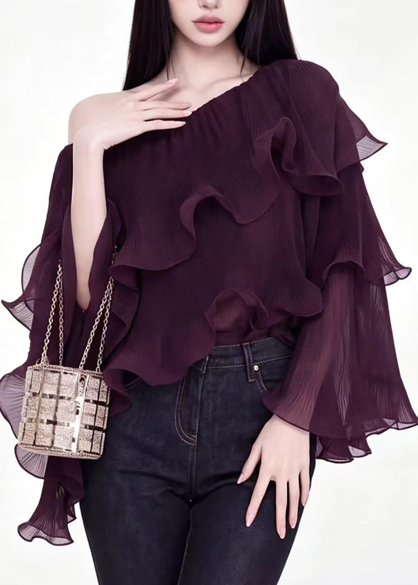 Stylish Mulberry One Shoulder Ruffled Layered Tops Fall