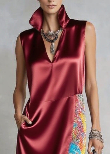 Stylish Mulberry Ruffled Patchwork Side Open Silk Vacation Dresses Sleeveless