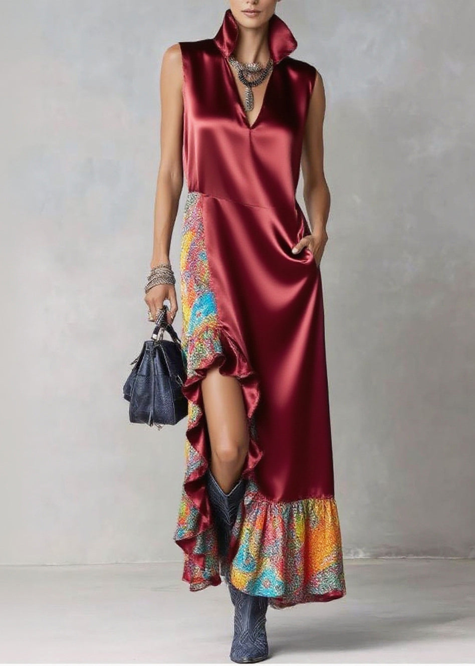 Stylish Mulberry Ruffled Patchwork Side Open Silk Vacation Dresses Sleeveless