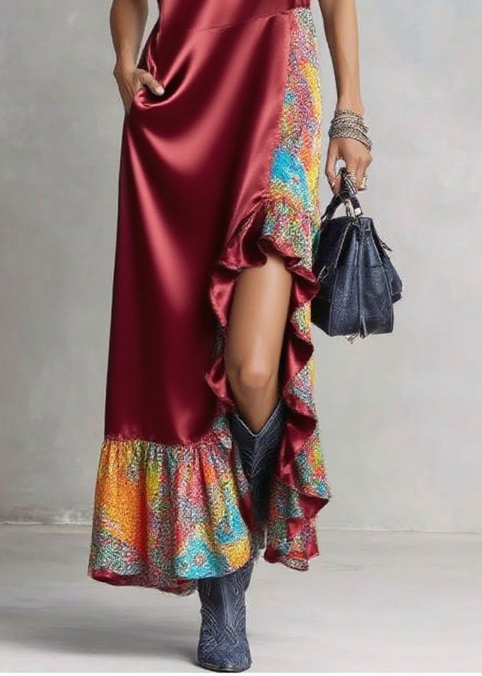 Stylish Mulberry Ruffled Patchwork Side Open Silk Vacation Dresses Sleeveless