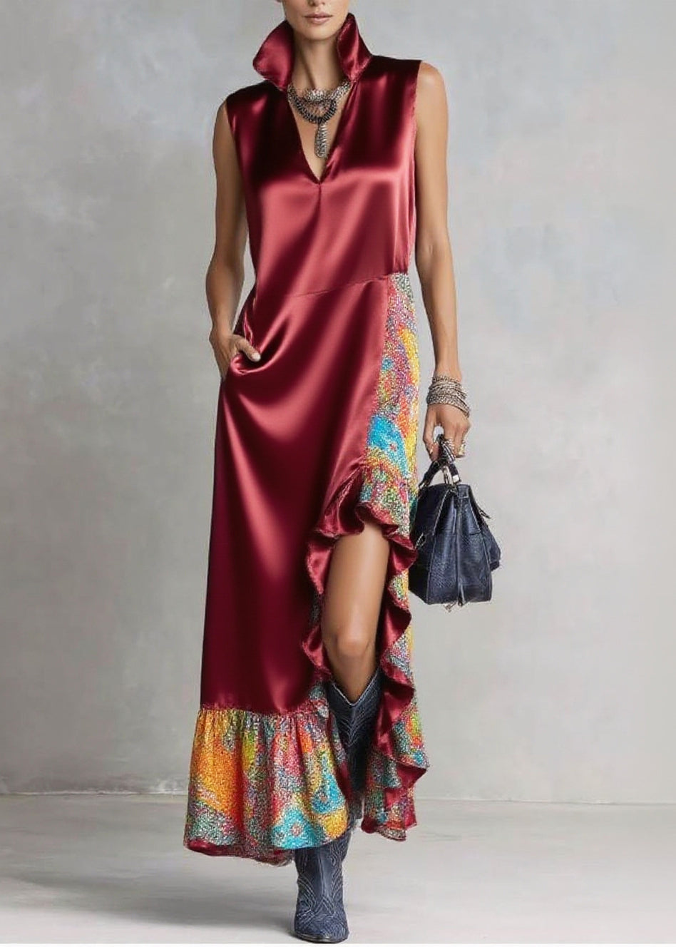 Stylish Mulberry Ruffled Patchwork Side Open Silk Vacation Dresses Sleeveless