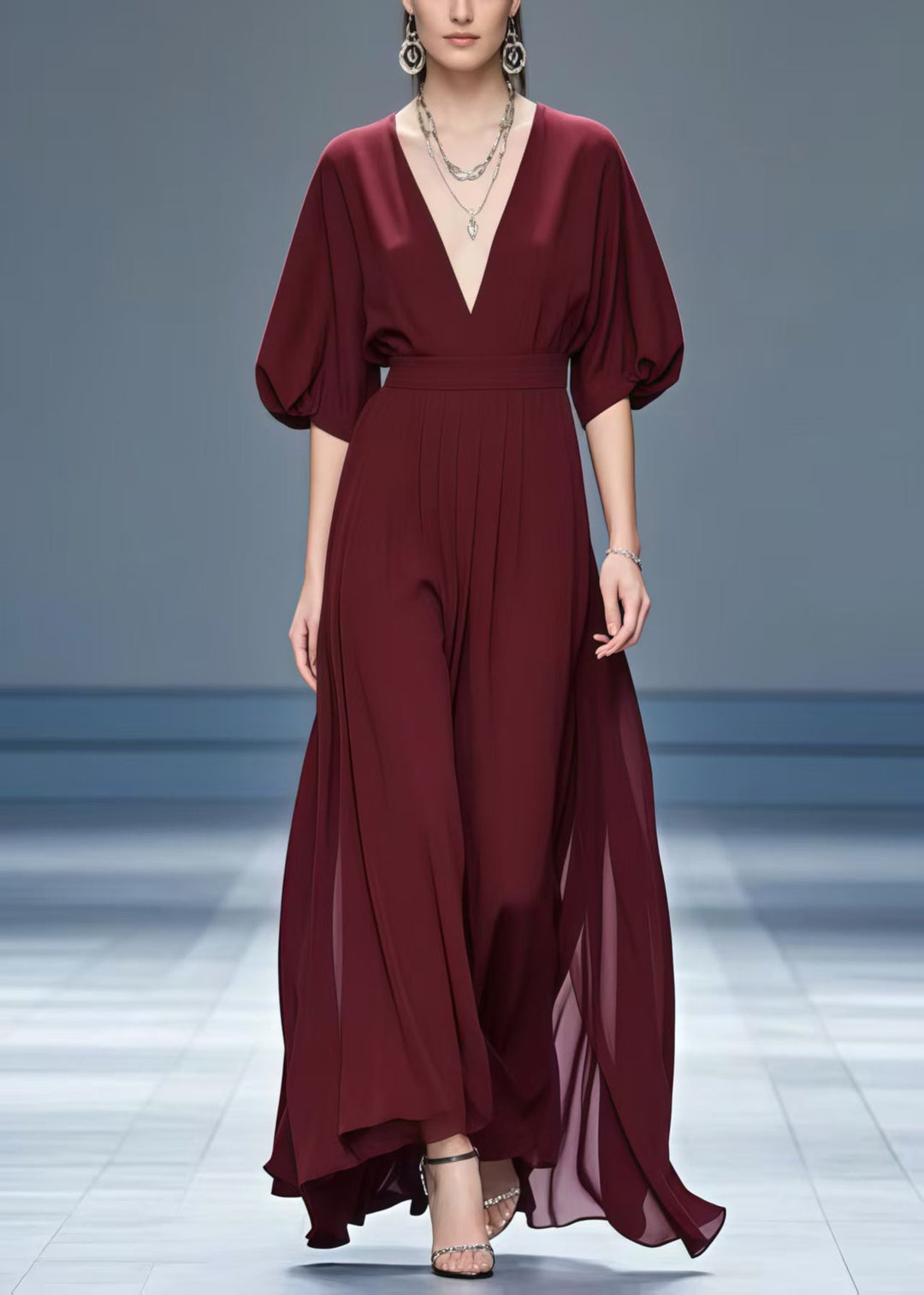 Stylish Mulberry V Neck Chiffon Maxi Dresses Summer