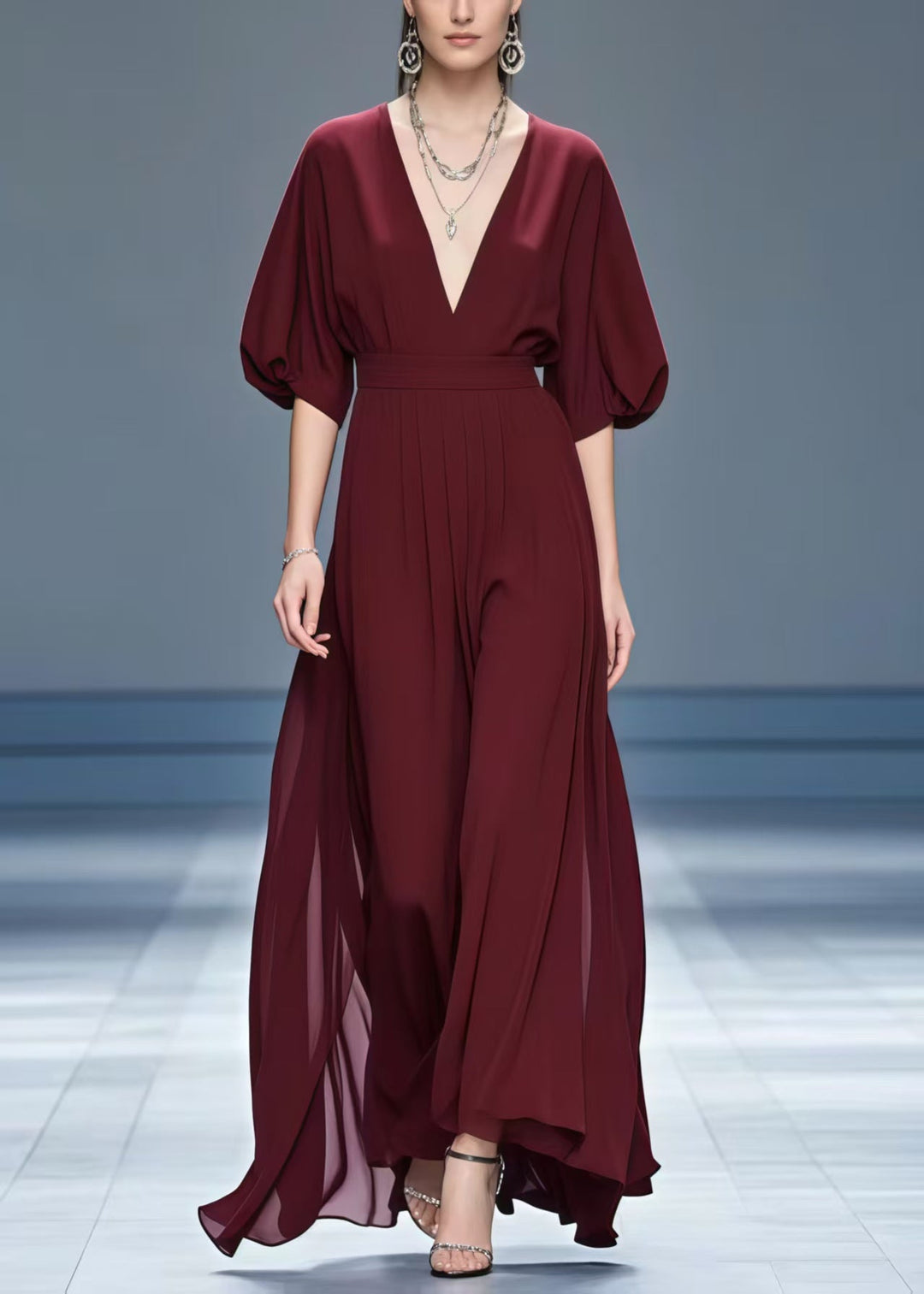 Stylish Mulberry V Neck Chiffon Maxi Dresses Summer