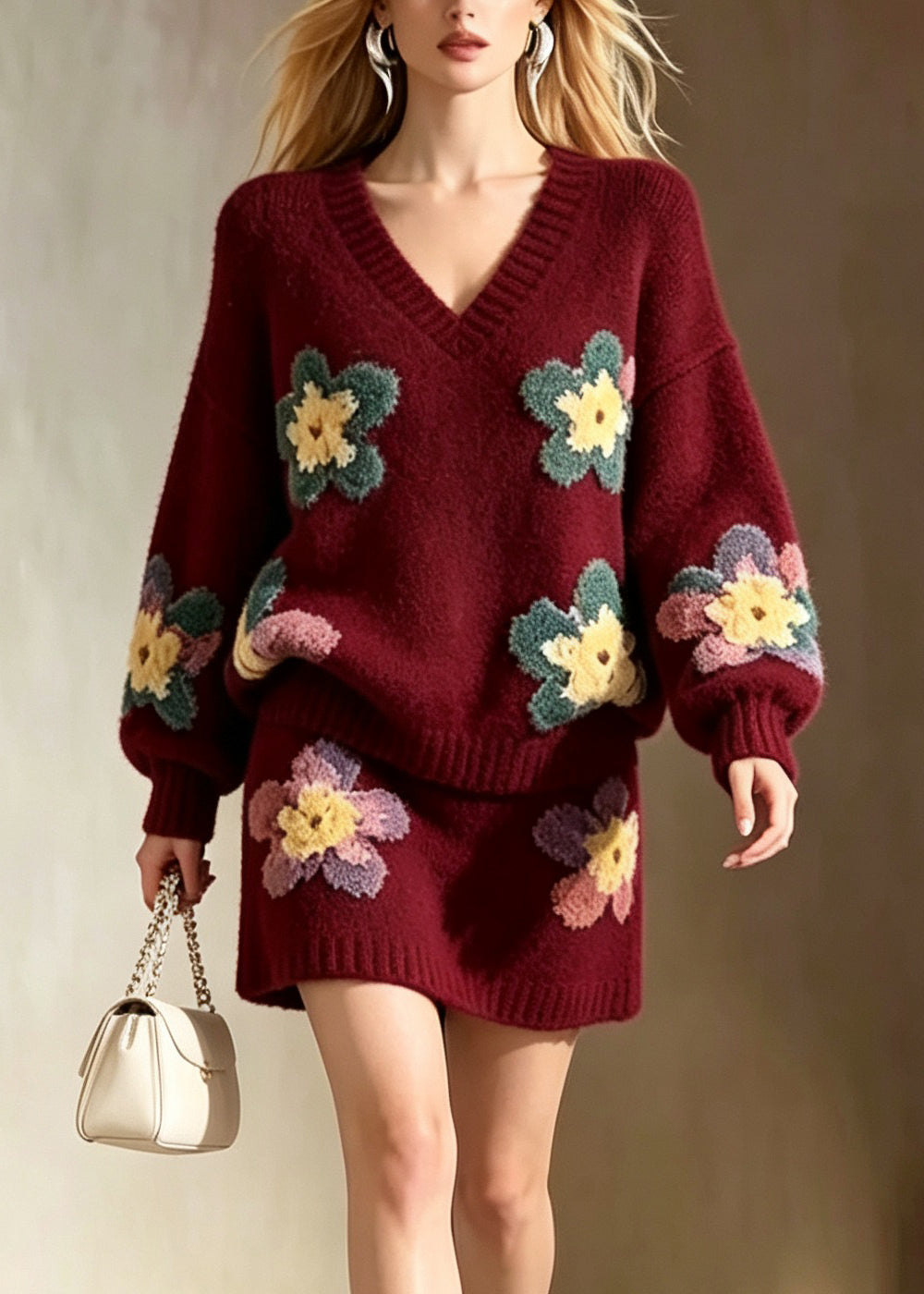 Stylish Mulberry V Neck Floral Knit Sweater And Skirts Two Pieces Set Fall