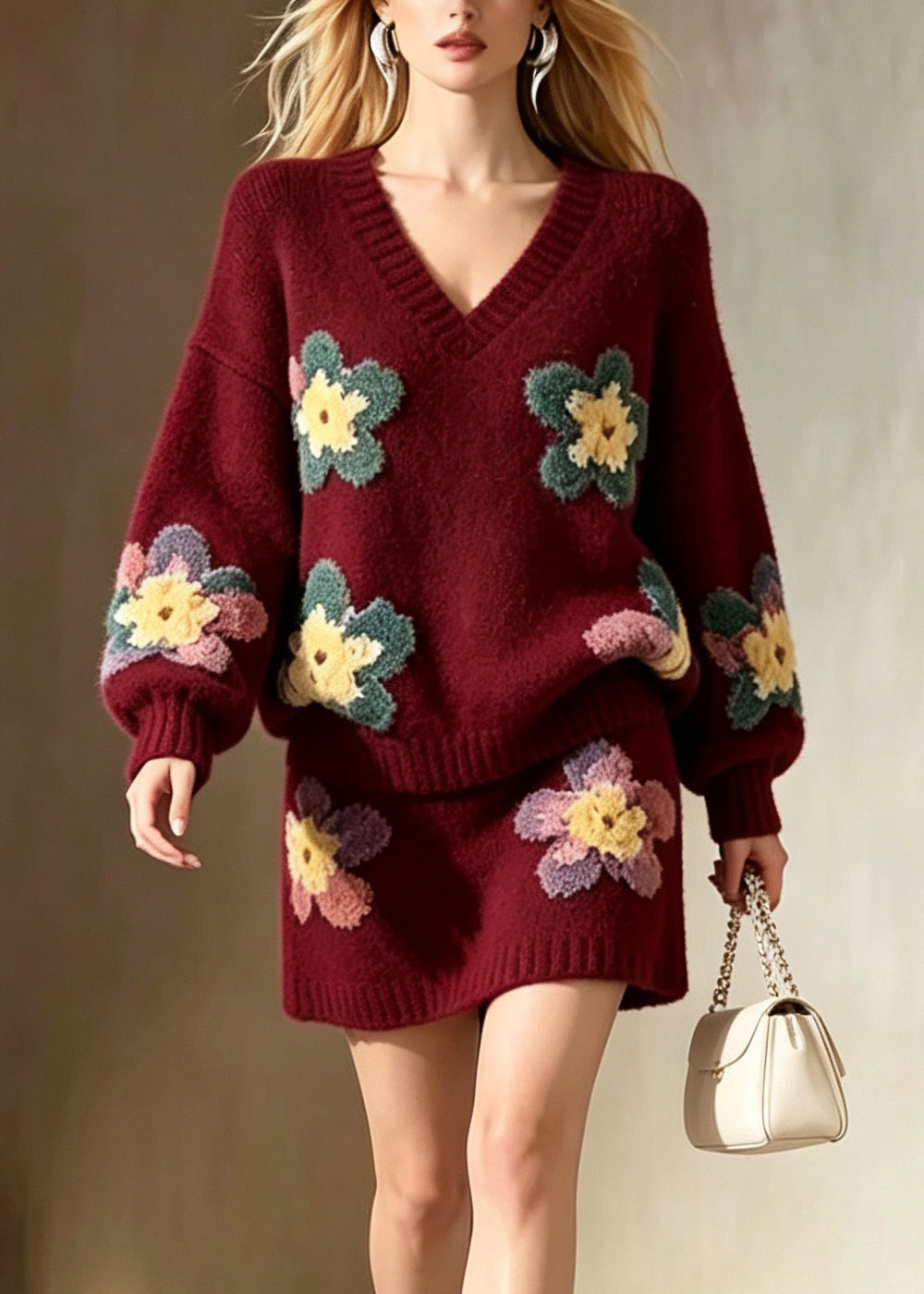 Stylish Mulberry V Neck Floral Knit Sweater And Skirts Two Pieces Set Fall
