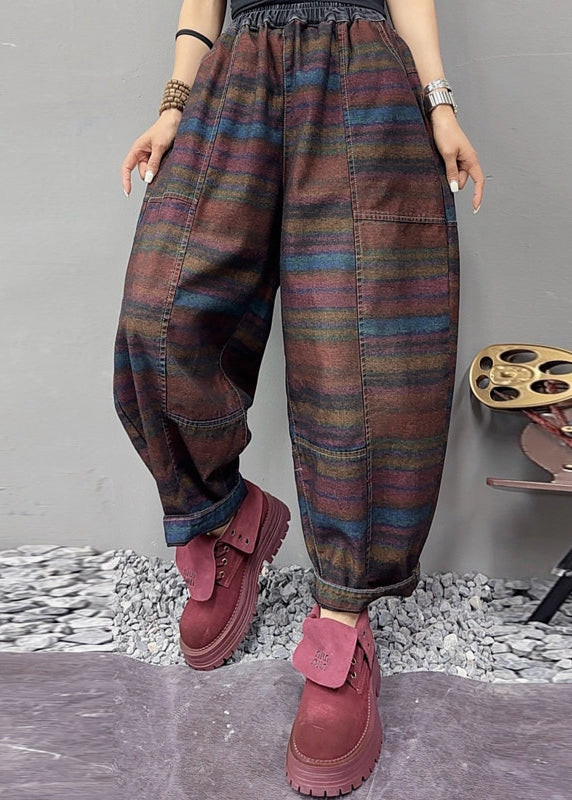 Stylish Multi Striped Elastic Waist Denim Pants Fall