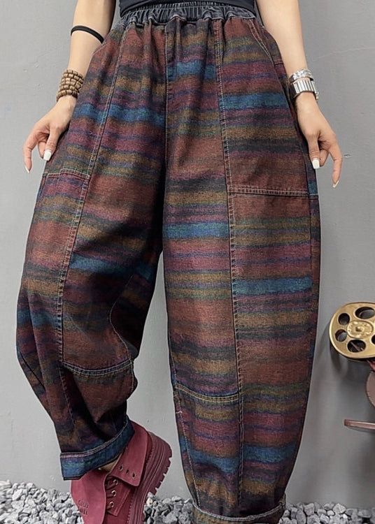 Stylish Multi Striped Elastic Waist Denim Pants Fall