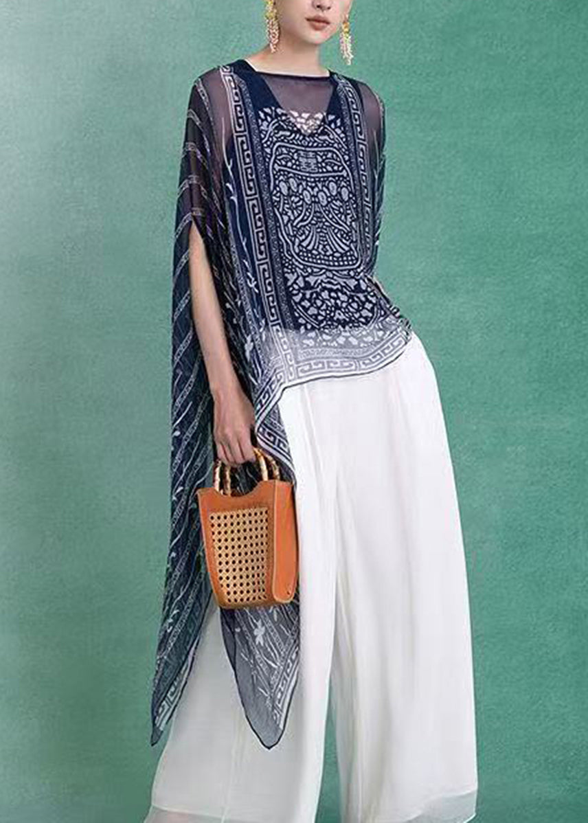 Stylish Navy Asymmetrical Print Cami And Pullover Two Pieces Set Summer