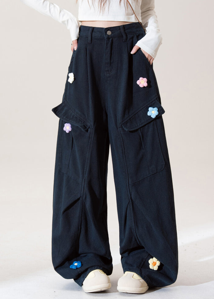 Stylish Navy Embroidered Pockets Floral Cotton Pants Fall