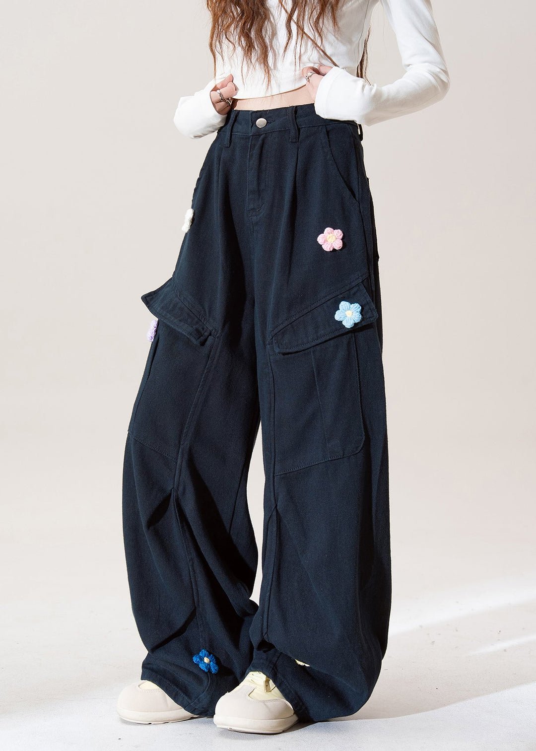 Stylish Navy Embroidered Pockets Floral Cotton Pants Fall