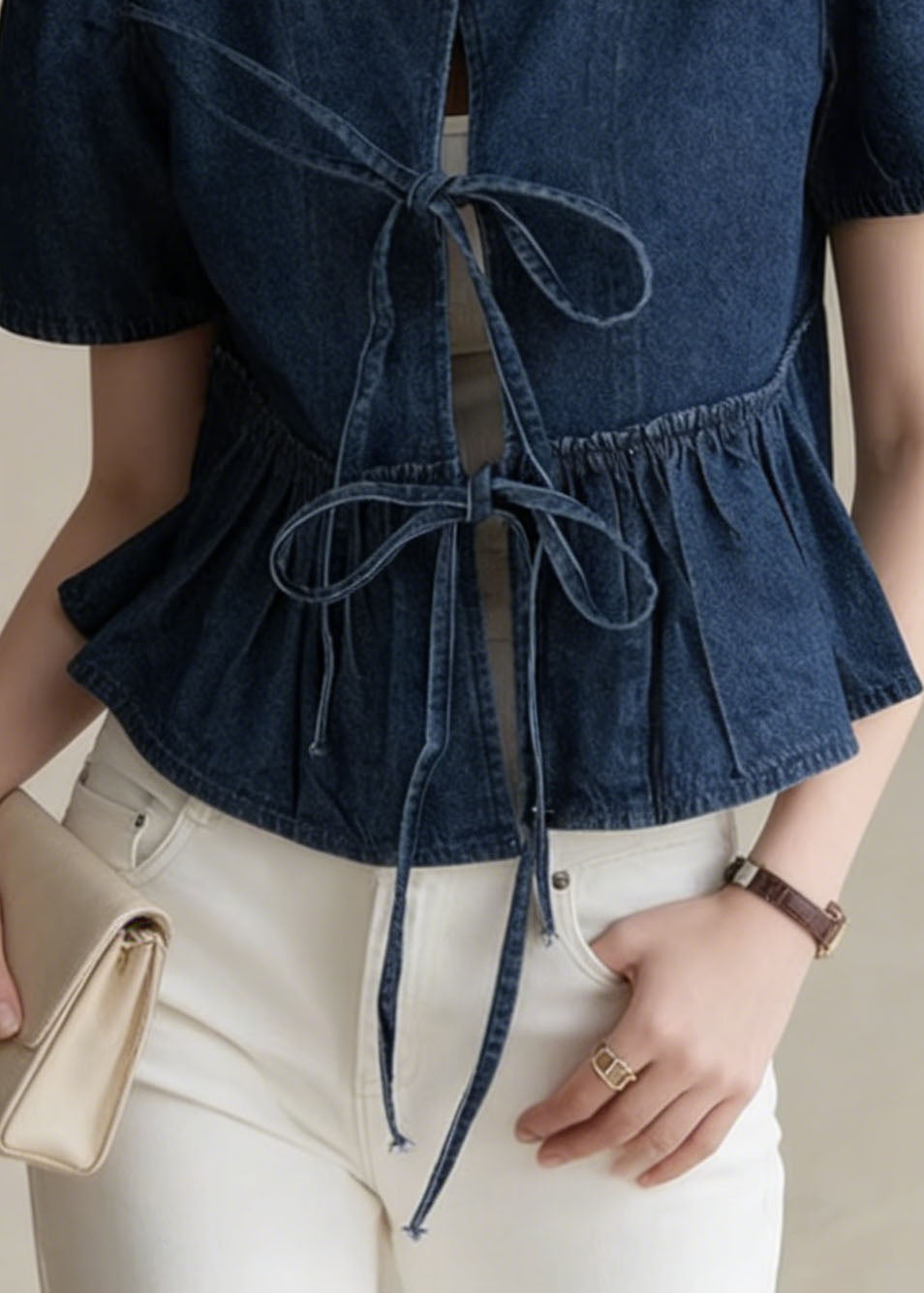 Stylish Navy O Neck Lace Up Denim Shirt Tops Summer