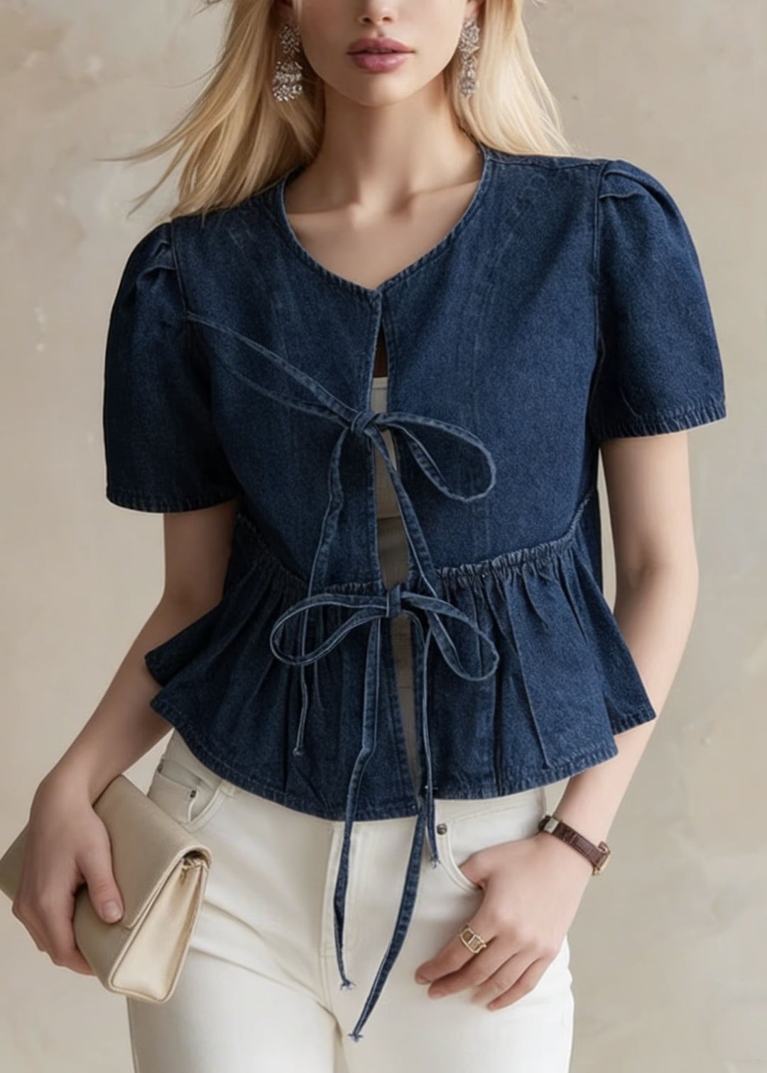 Stylish Navy O Neck Lace Up Denim Shirt Tops Summer