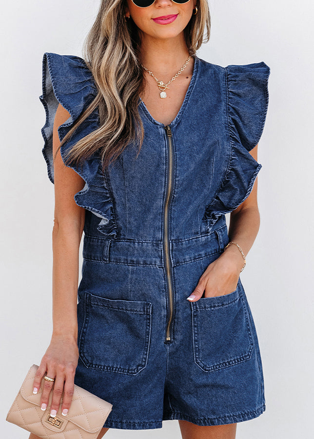 Stylish Navy O-Neck Ruffled Zippered Denim Jumpsuit Short Sleeve