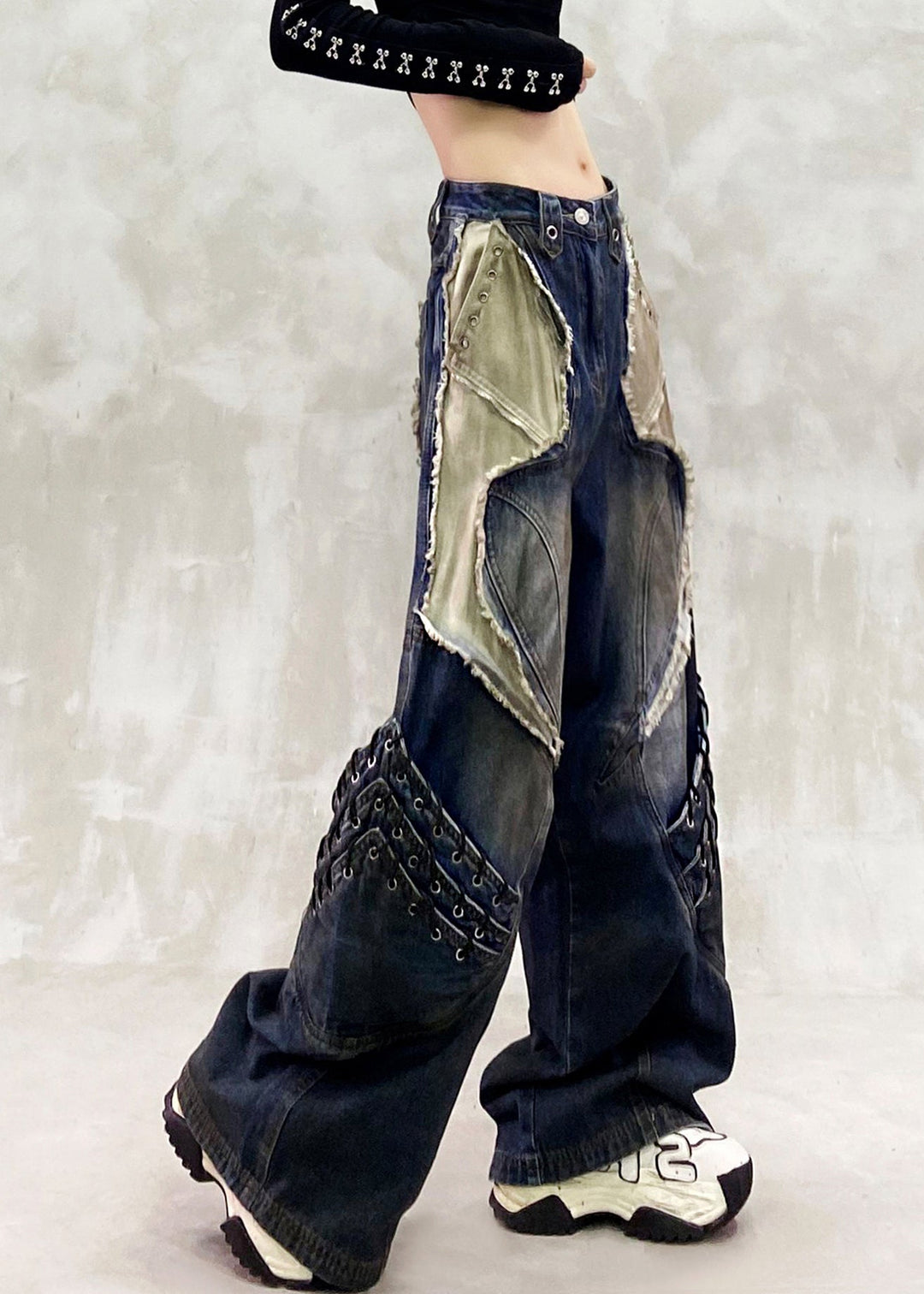 Stylish Navy Oversized Patchwork Denim Pants Spring
