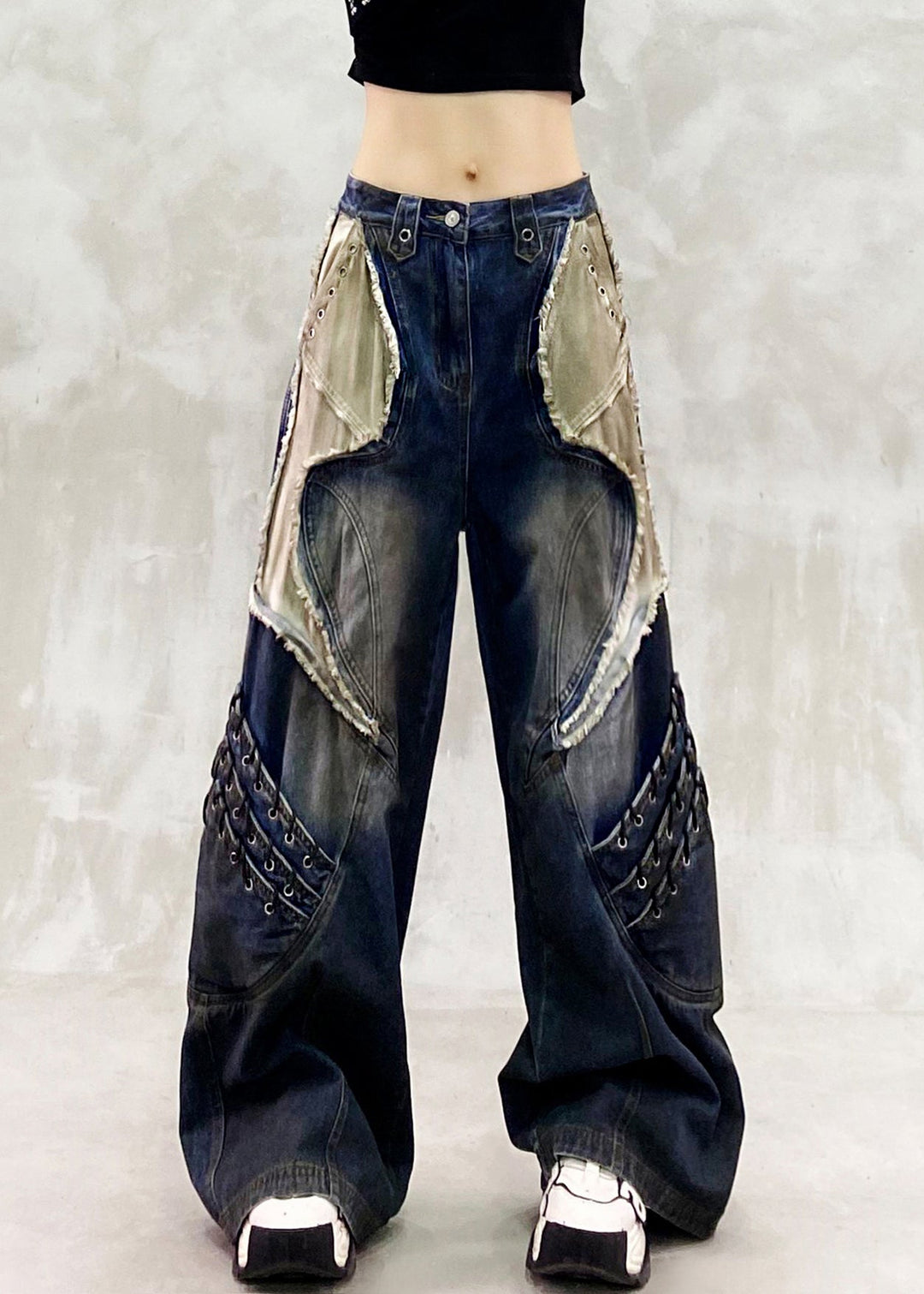Stylish Navy Oversized Patchwork Denim Pants Spring