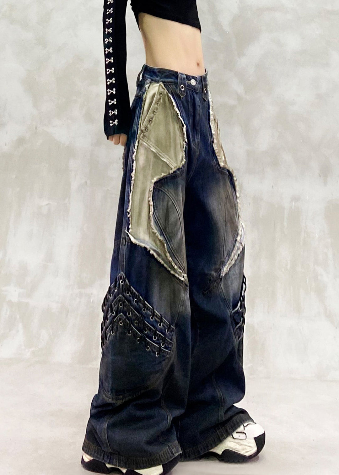 Stylish Navy Oversized Patchwork Denim Pants Spring