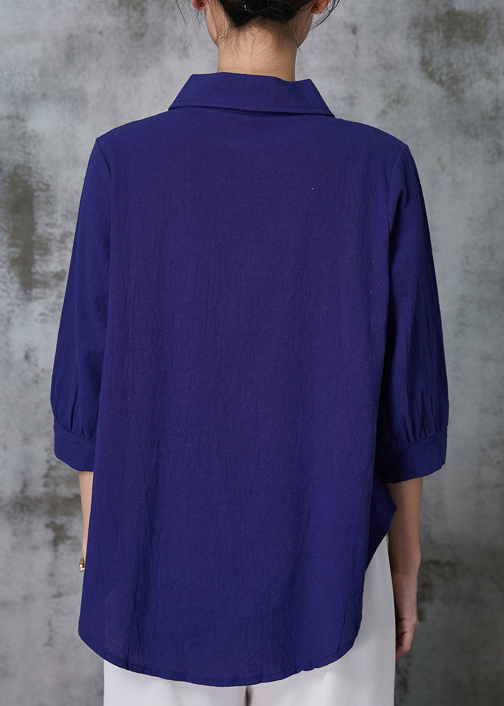 Stylish Navy Peter Pan Collar Oversized Linen Tops Summer