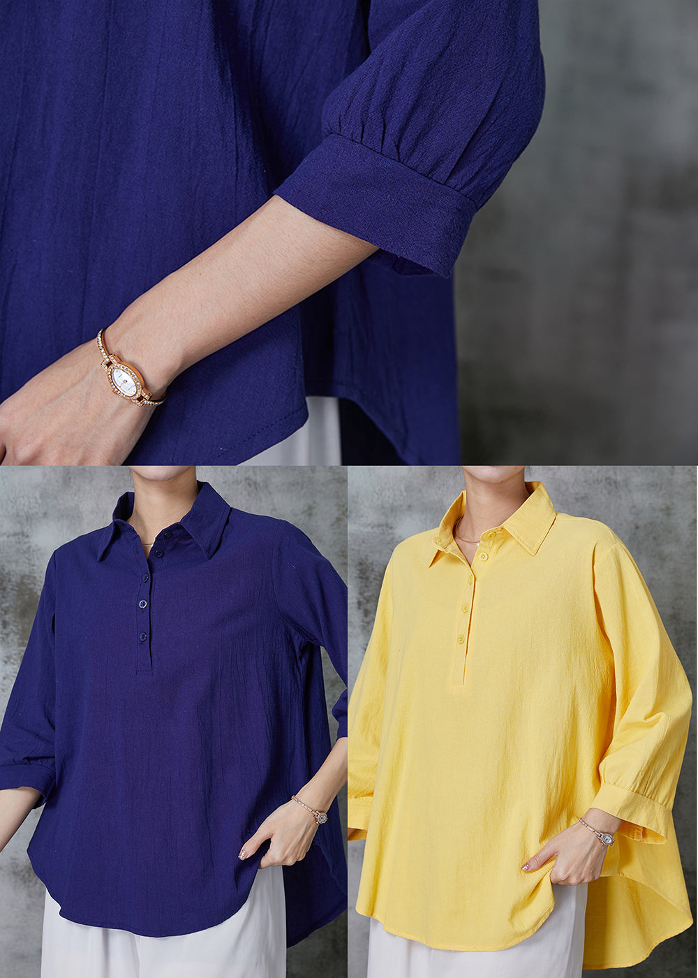 Stylish Navy Peter Pan Collar Oversized Linen Tops Summer