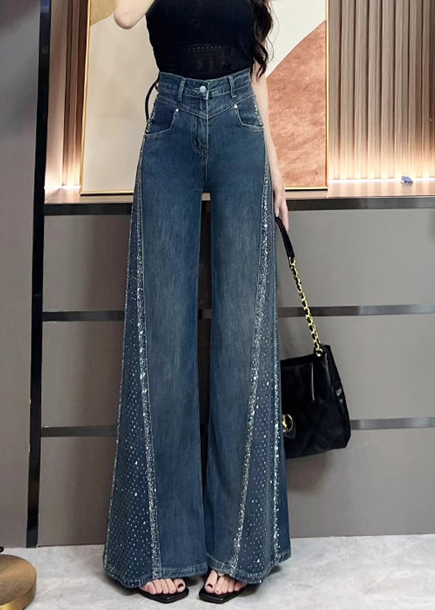 Stylish Navy Pockets Zircon Patchwork Denim Wide Leg Pants Fall