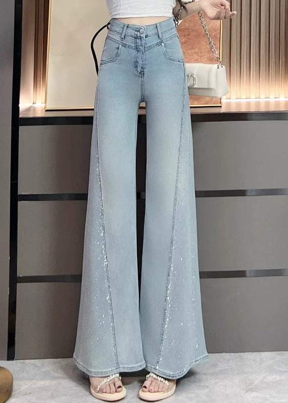 Stylish Navy Pockets Zircon Patchwork Denim Wide Leg Pants Fall