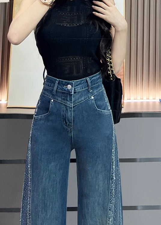 Stylish Navy Pockets Zircon Patchwork Denim Wide Leg Pants Fall