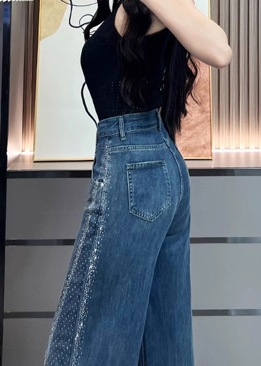 Stylish Navy Pockets Zircon Patchwork Denim Wide Leg Pants Fall