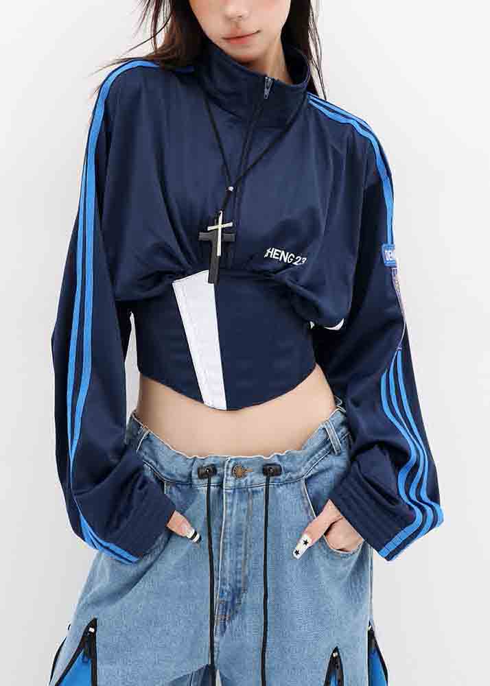 Stylish Navy Stand Collar Patchwork Spandex Jacket Fall