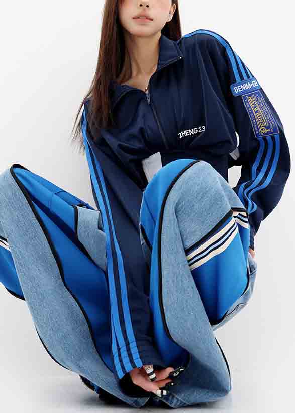 Stylish Navy Stand Collar Patchwork Spandex Jacket Fall
