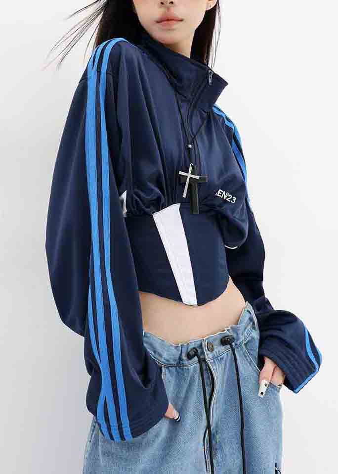 Stylish Navy Stand Collar Patchwork Spandex Jacket Fall