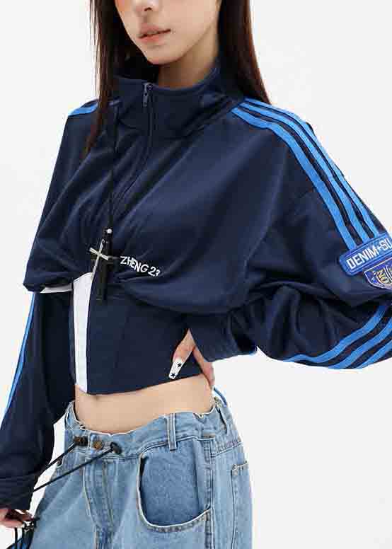 Stylish Navy Stand Collar Patchwork Spandex Jacket Fall
