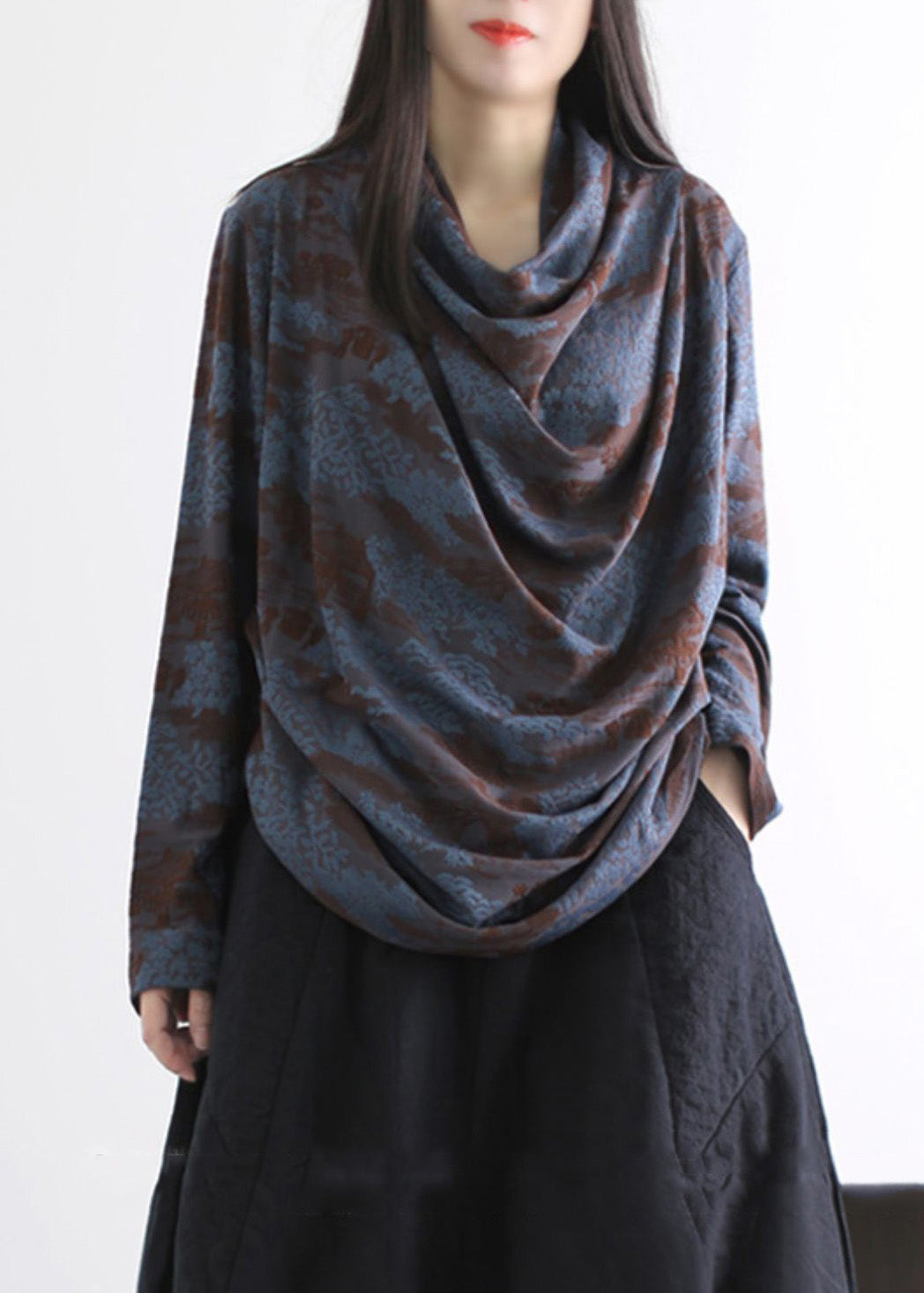 Stylish Navy Turtle Neck Jacquard Cotton Shirts Spring
