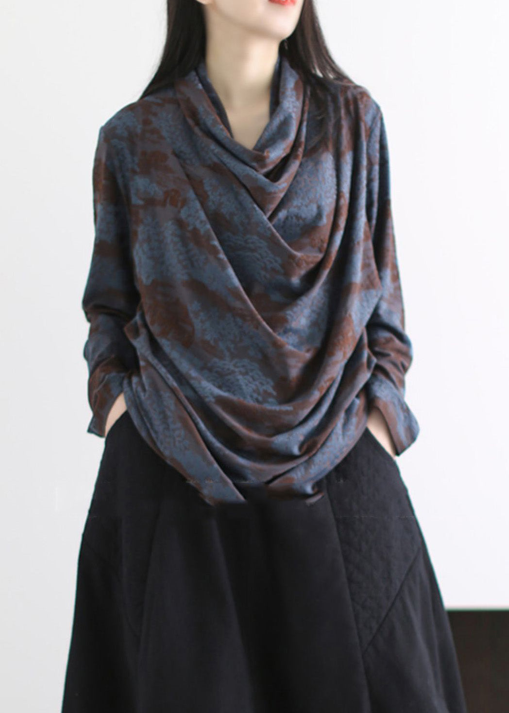 Stylish Navy Turtle Neck Jacquard Cotton Shirts Spring