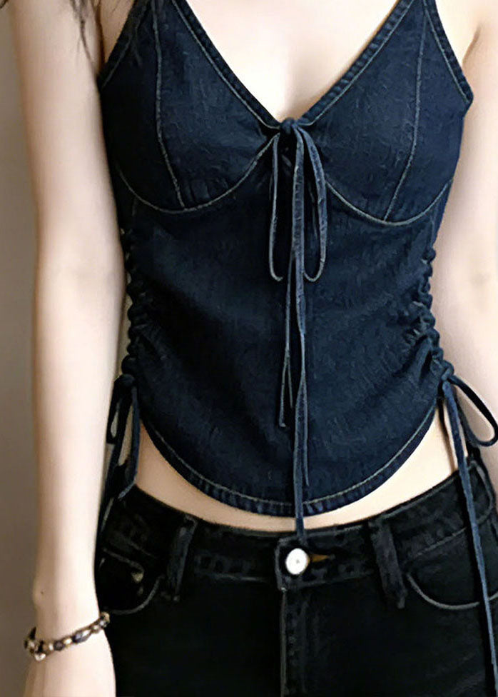 Stylish Navy V Neck Drawstring Denim Top Summer