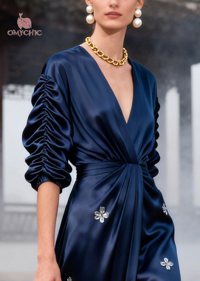 Stylish Navy Wrinkled Flower Print Silk Party Dresses Summer