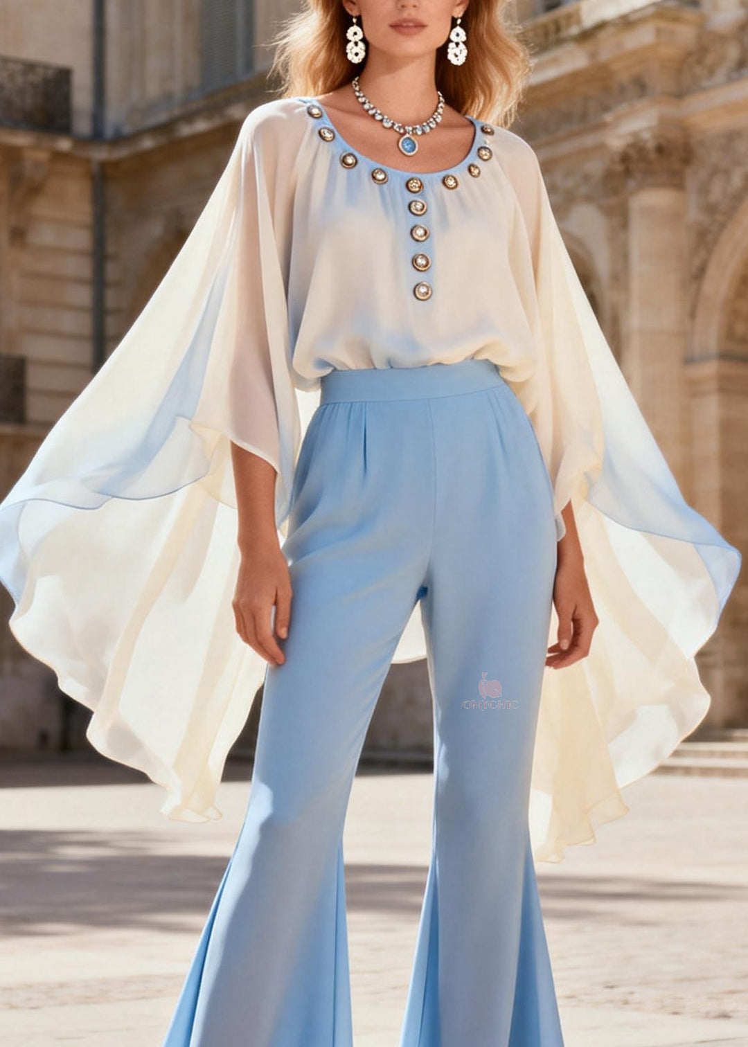 Stylish O Neck Top And Pants Chiffon Two Pieces Set Summer