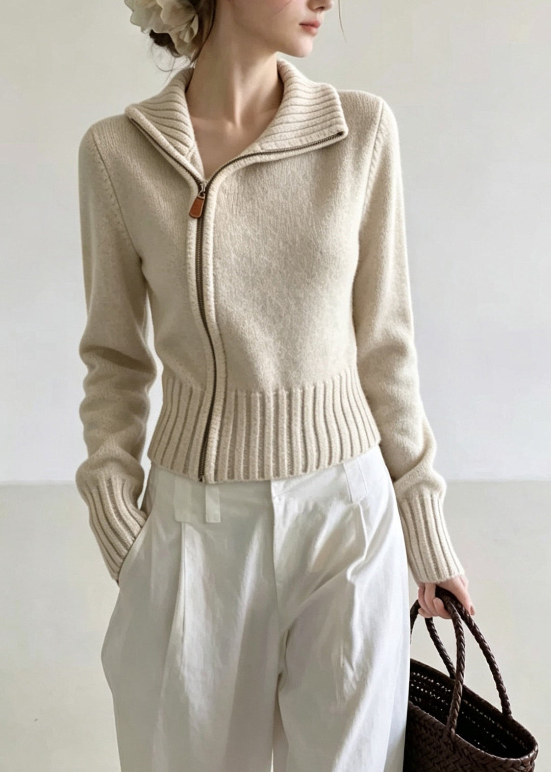 Stylish Oatmeal Hign Neck Zippered Knit Cardigan Fall