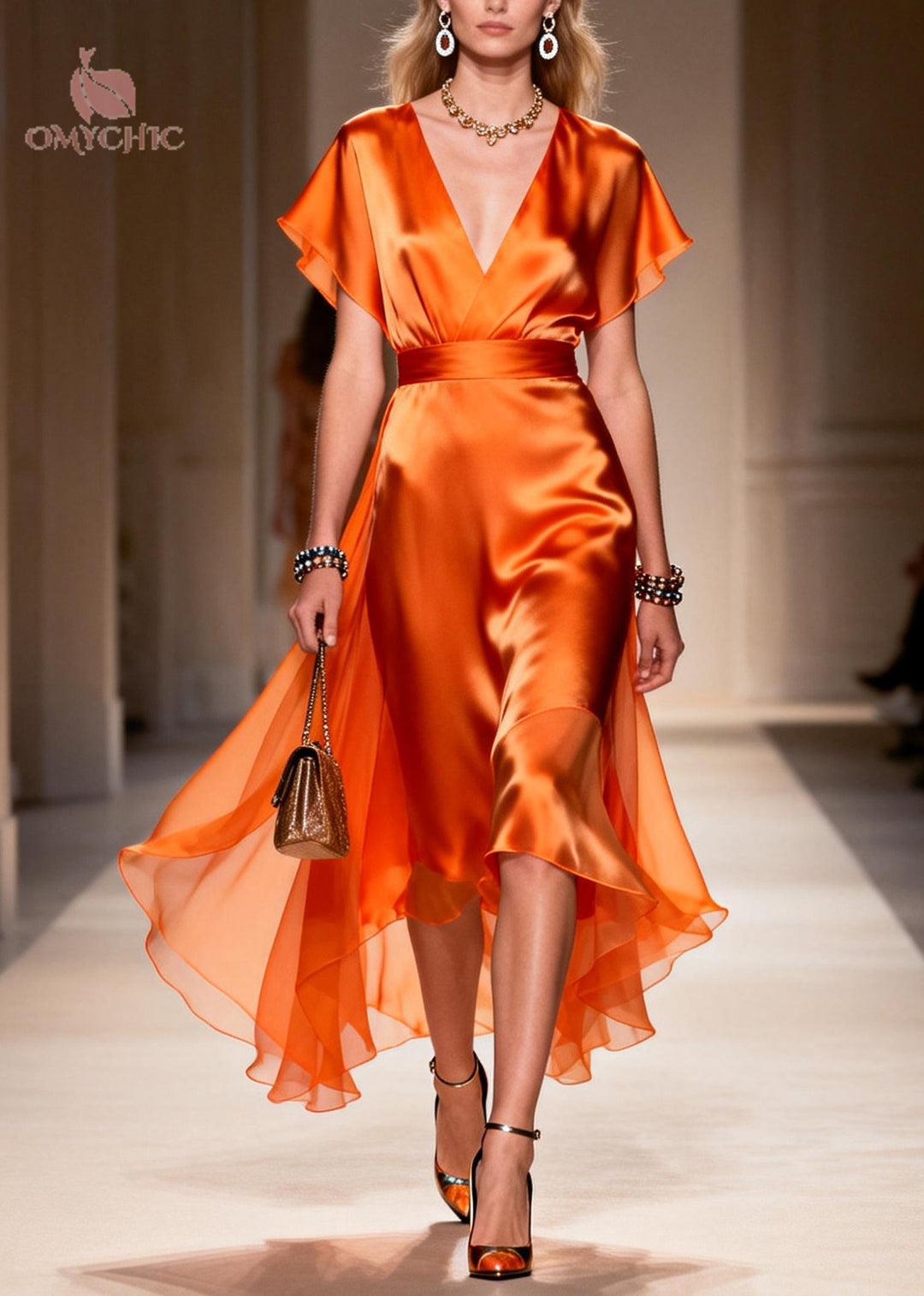 Stylish Orange Exra Large Hem Draping Chiffon Vacation Dresses Summer