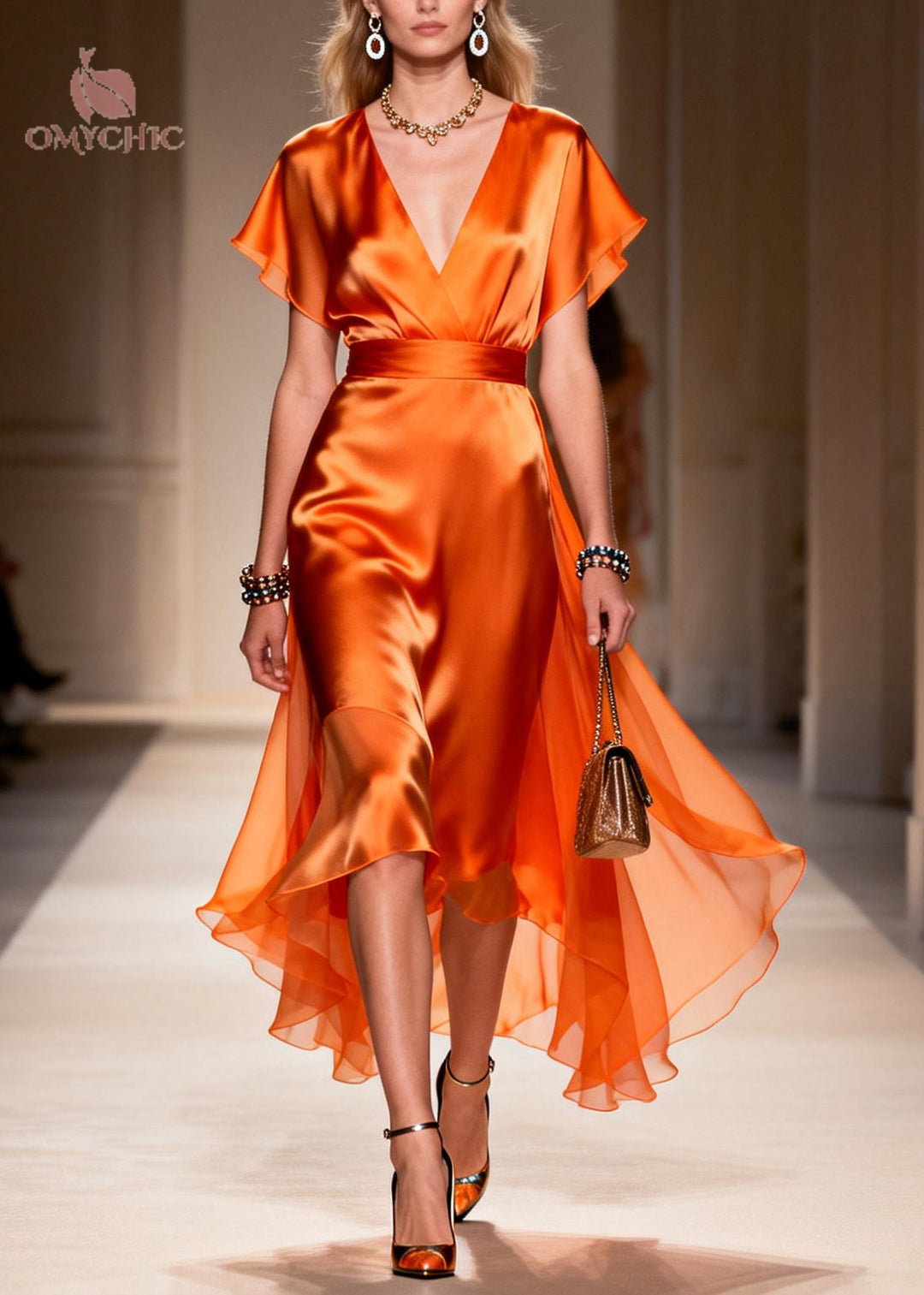 Stylish Orange Exra Large Hem Draping Chiffon Vacation Dresses Summer