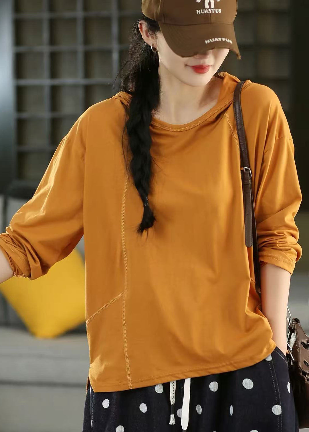 Stylish Orange Hooded Cotton Pullover Streetwear Fall