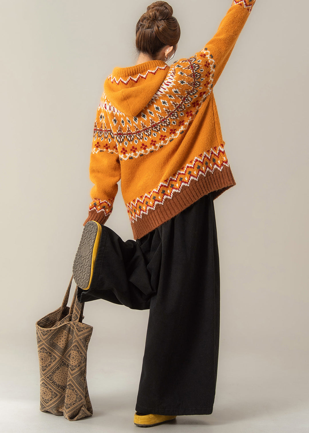 Stylish Orange Jacquard Hooded Knit Coat And Wide Leg Pants Two Pieces Set Fall