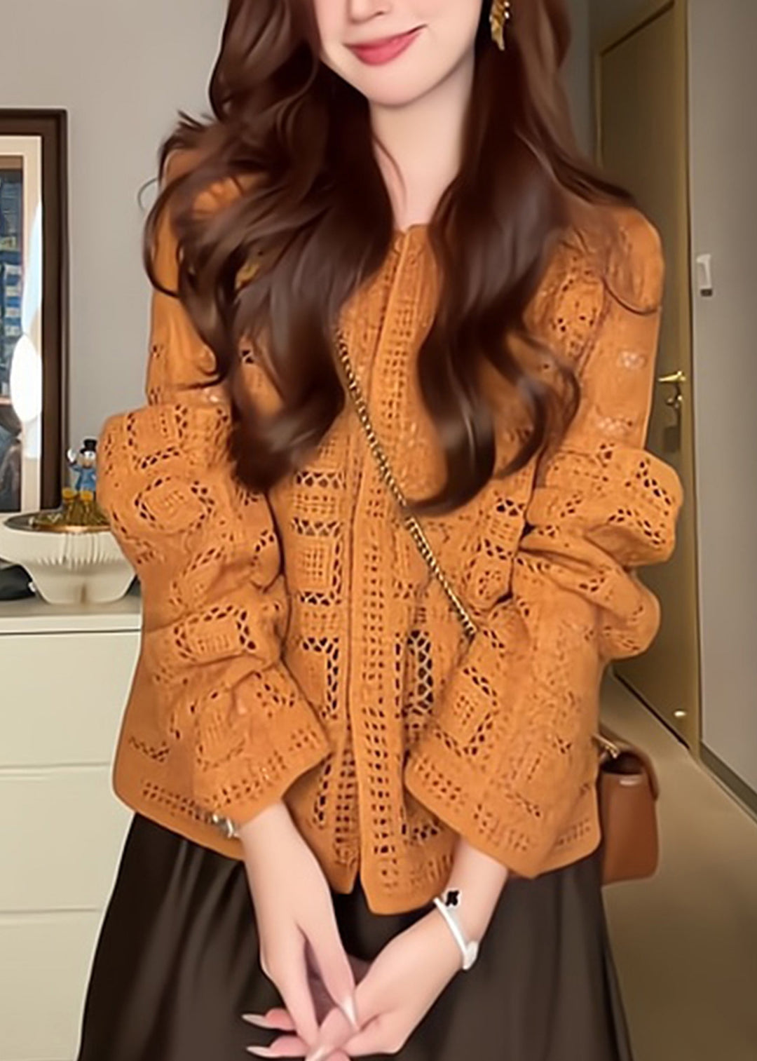 Stylish Orange O-Neck Solid Cotton Knit Cardigans Long Sleeve
