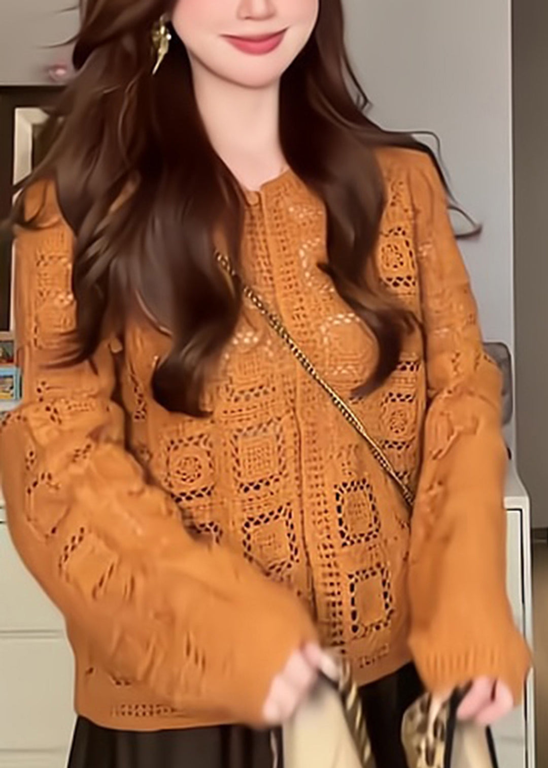 Stylish Orange O-Neck Solid Cotton Knit Cardigans Long Sleeve