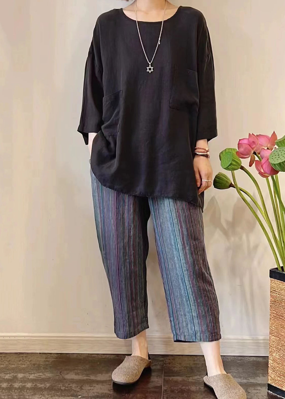 Stylish Orange Oversized Striped Linen Harem Pants Summer